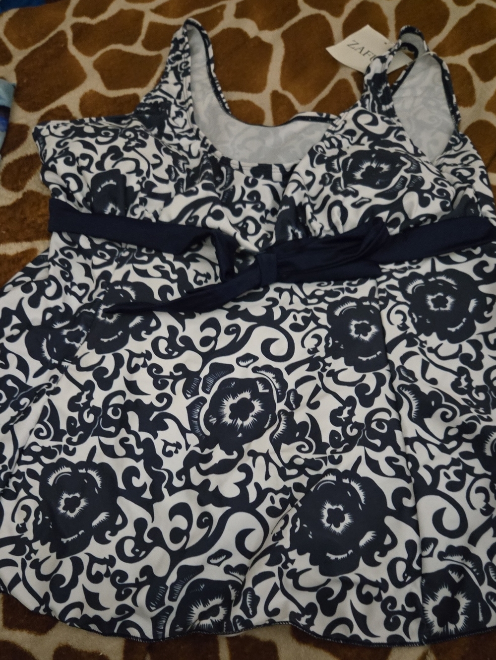 Zaful Navy and White Floral Tankini with Waist Tie